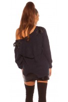 Trendy v-hals gebreide sweater-trui met lus marineblauw